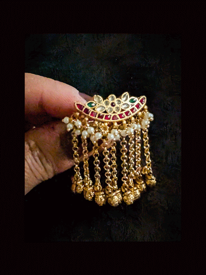 Chain ghunghru tassel pacchi kundan half moon shape adjustable ring