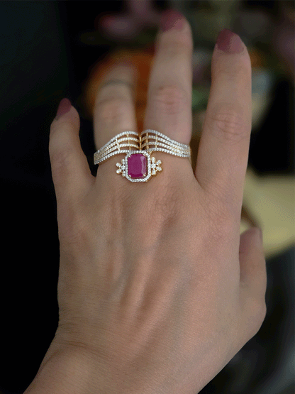 Zircon studded double finger adjustable ring with rectangular coloured stone in center
