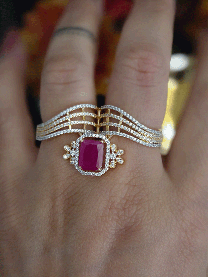 Zircon studded double finger adjustable ring with rectangular coloured stone in center