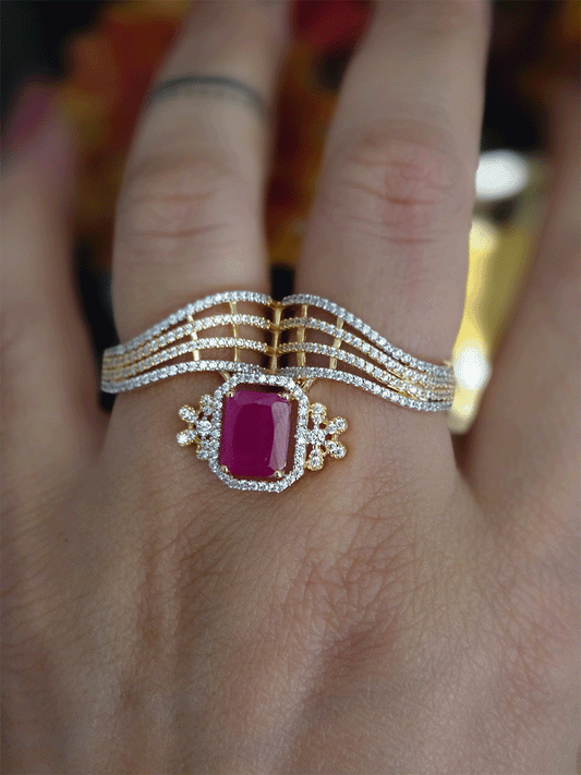 Zircon studded double finger adjustable ring with rectangular coloured stone in center