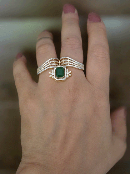 Zircon studded double finger adjustable ring with rectangular coloured stone in center