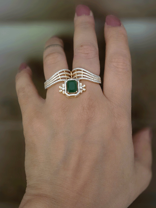 Zircon studded double finger adjustable ring with rectangular coloured stone in center