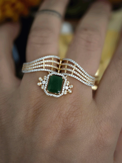 Zircon studded double finger adjustable ring with rectangular coloured stone in center