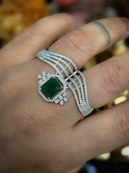 Zircon studded double finger adjustable ring with rectangular coloured stone in center