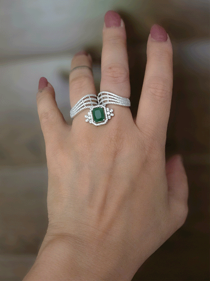 Zircon studded double finger adjustable ring with rectangular coloured stone in center