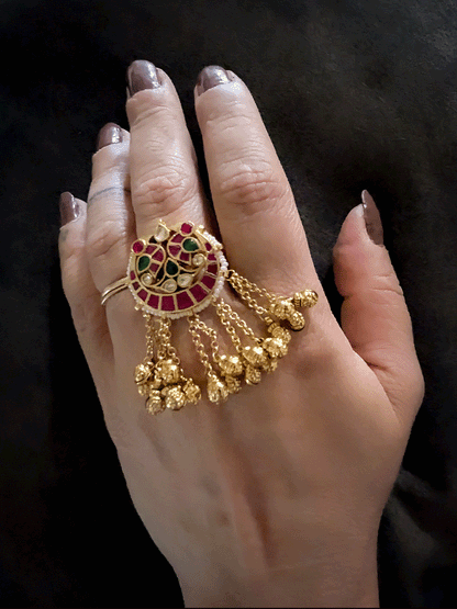 Pacchi kundan peacock design pirohi work adjustable ring with chain ghunghru tassel