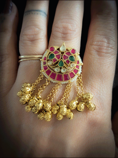 Pacchi kundan peacock design pirohi work adjustable ring with chain ghunghru tassel