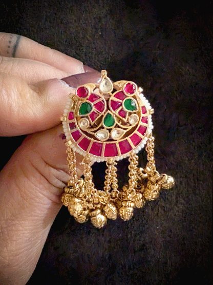 Pacchi kundan peacock design pirohi work adjustable ring with chain ghunghru tassel