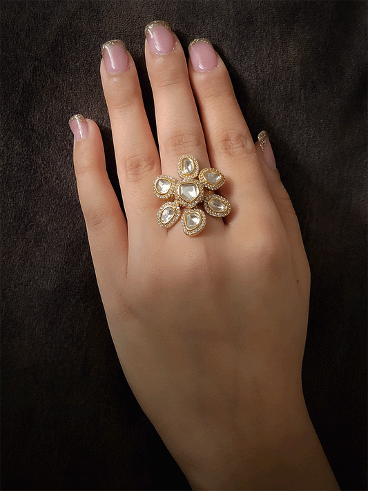 Falling leaves kundan and AD adjustable ring.Petals of this ring have free movement