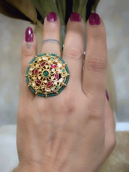 Round paachi kundan adjustable green pirohi outline ring