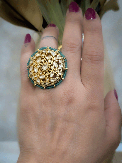 Round paachi kundan adjustable green pirohi outline ring