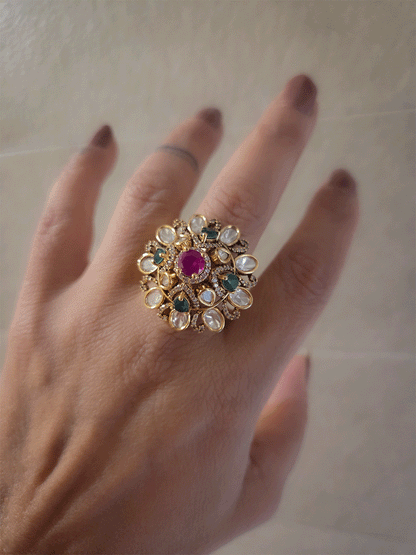 Kundan ruby and green stones studded adjustable ring