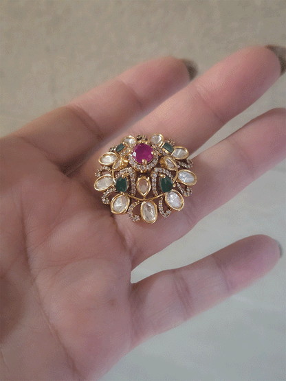 Kundan ruby and green stones studded adjustable ring