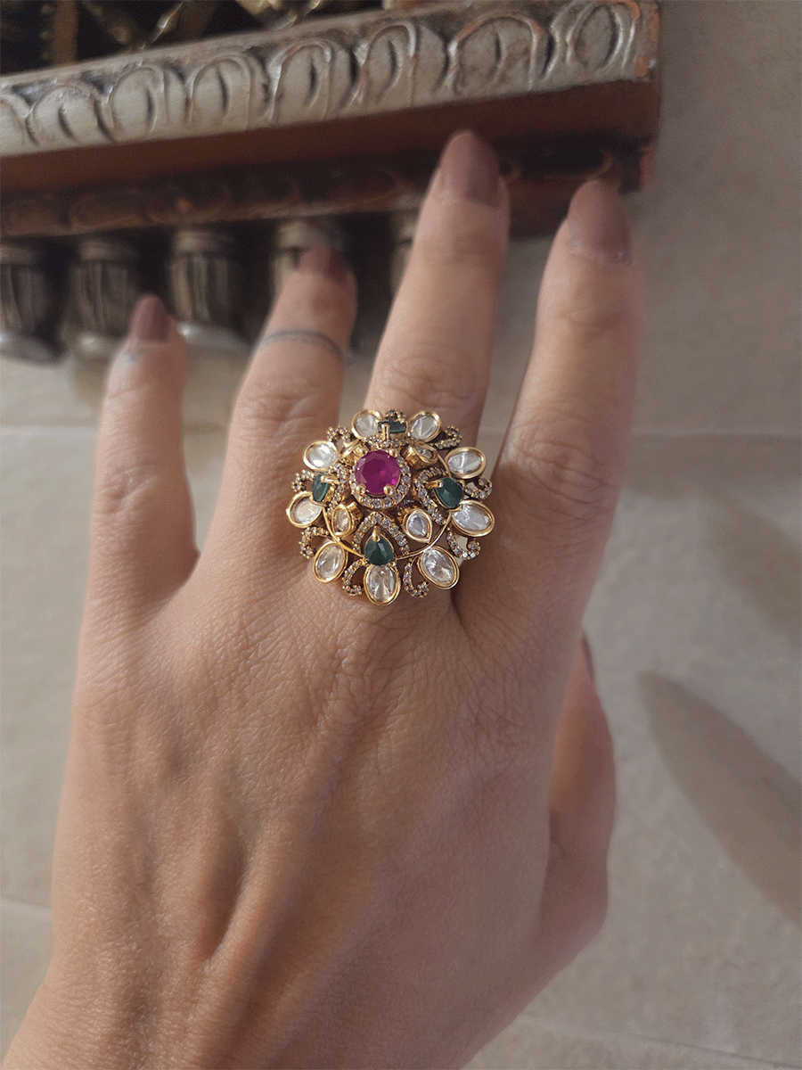 Kundan ruby and green stones studded adjustable ring