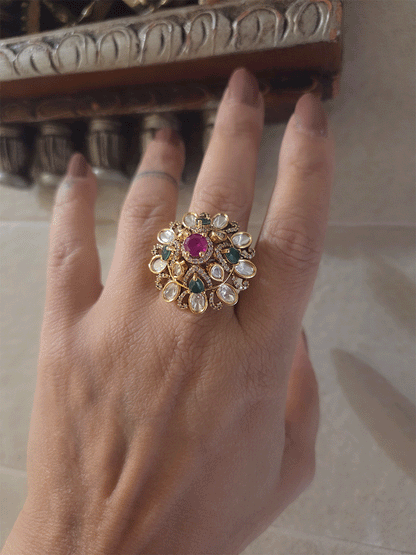 Kundan ruby and green stones studded adjustable ring