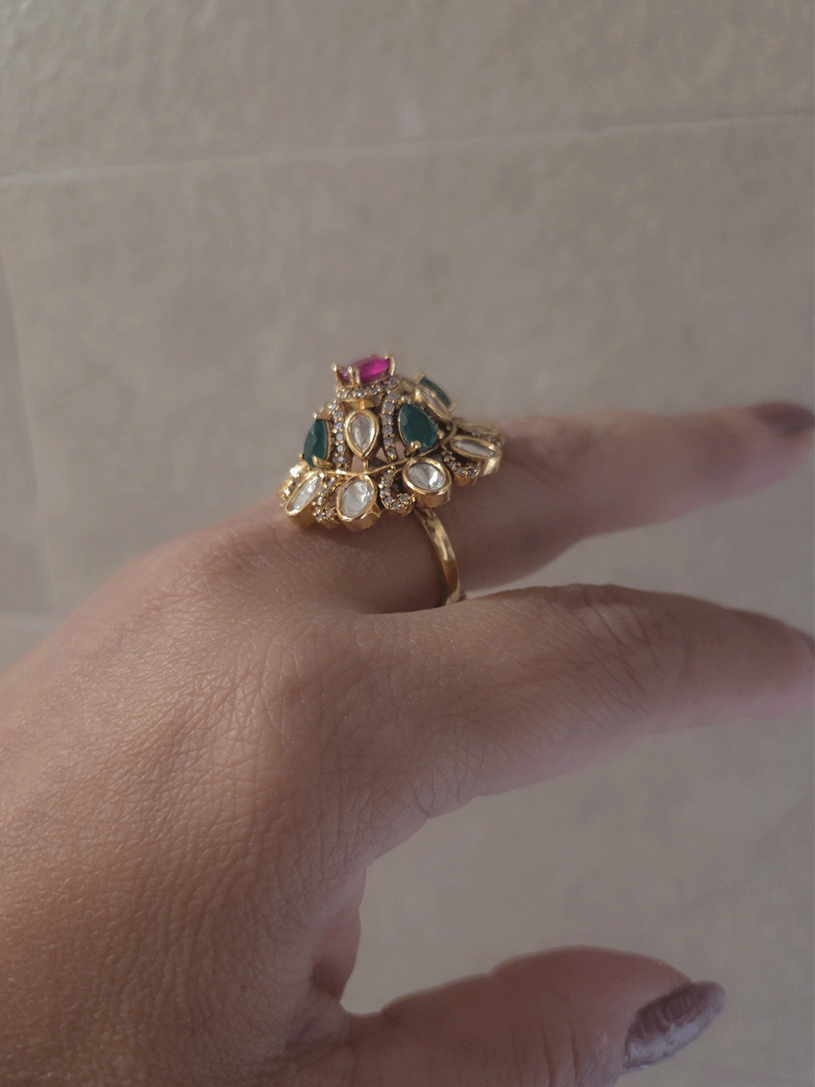 Kundan ruby and green stones studded adjustable ring