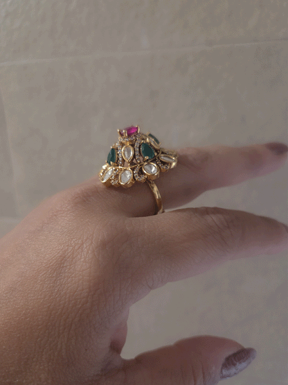 Kundan ruby and green stones studded adjustable ring