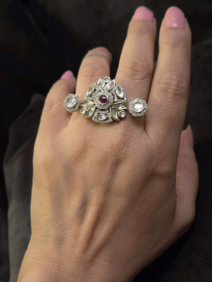 Triangular center with circular sides zircon and moissanite adjustable double finger ring