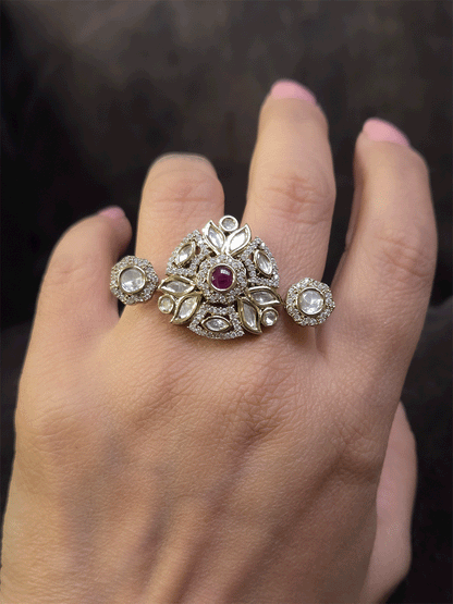 Triangular center with circular sides zircon and moissanite adjustable double finger ring