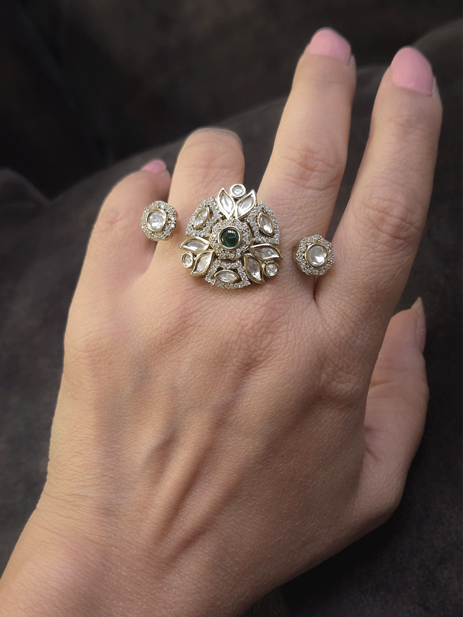 Triangular center with circular sides zircon and moissanite adjustable double finger ring