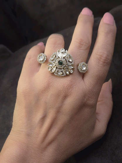 Triangular center with circular sides zircon and moissanite adjustable double finger ring