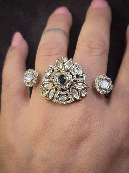 Triangular center with circular sides zircon and moissanite adjustable double finger ring