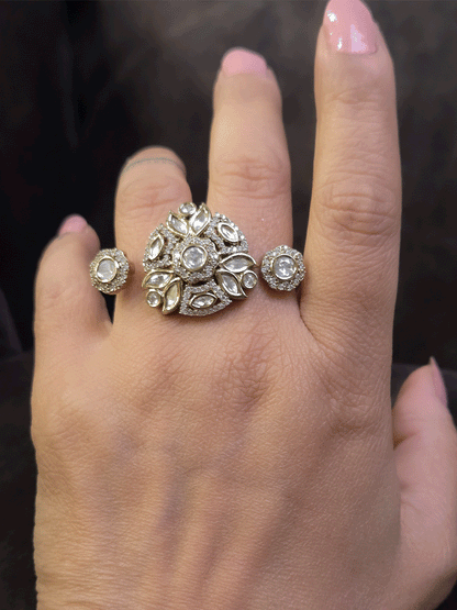 Triangular center with circular sides zircon and moissanite adjustable double finger ring