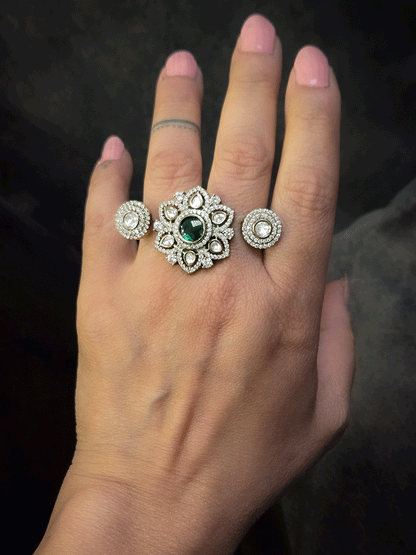 Zircon and moissanite adjustable flower design double finger ring