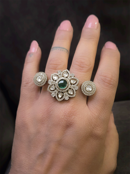 Zircon and moissanite adjustable flower design double finger ring