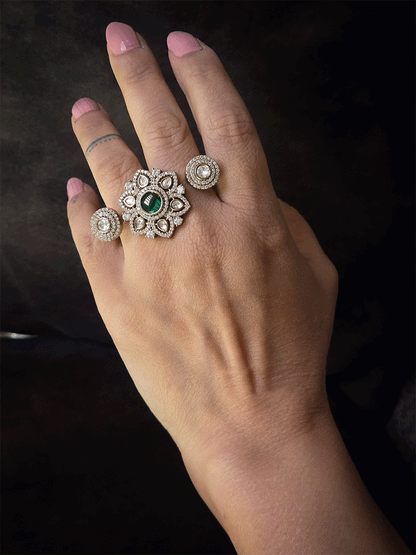 Zircon and moissanite adjustable flower design double finger ring
