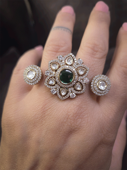 Zircon and moissanite adjustable flower design double finger ring