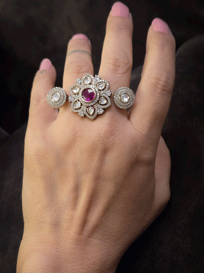 Zircon and moissanite adjustable flower design double finger ring