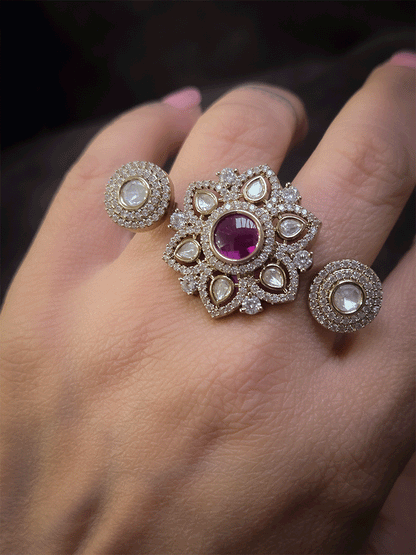Zircon and moissanite adjustable flower design double finger ring