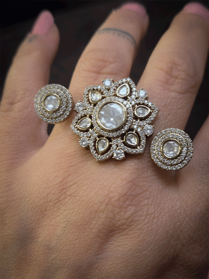 Zircon and moissanite adjustable flower design double finger ring
