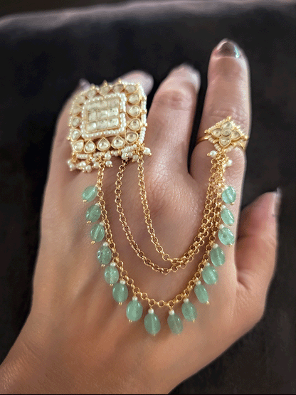 Paachi kundan square double finger adjustable ring with three chain attachment with aqua beads