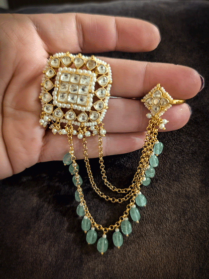 Paachi kundan square double finger adjustable ring with three chain attachment with aqua beads