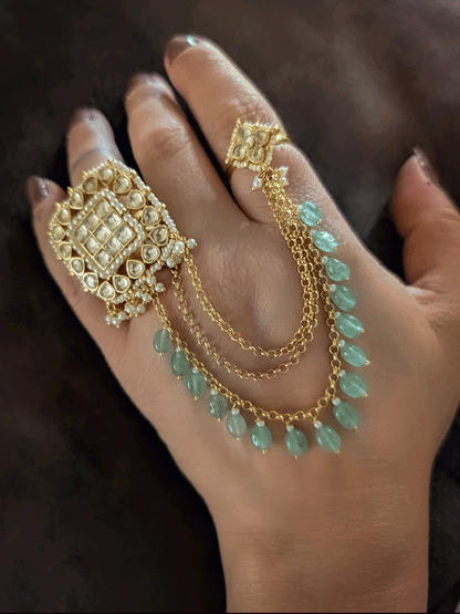 Paachi kundan square double finger adjustable ring with three chain attachment with aqua beads