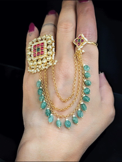 Paachi kundan square double finger adjustable ring with three chain attachment with aqua beads