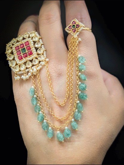 Paachi kundan square double finger adjustable ring with three chain attachment with aqua beads