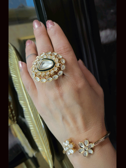 Bold kundan openable ring with green enamel detailing