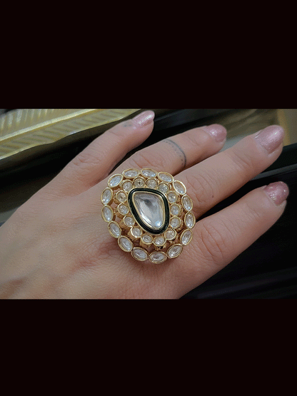 Bold kundan openable ring with green enamel detailing