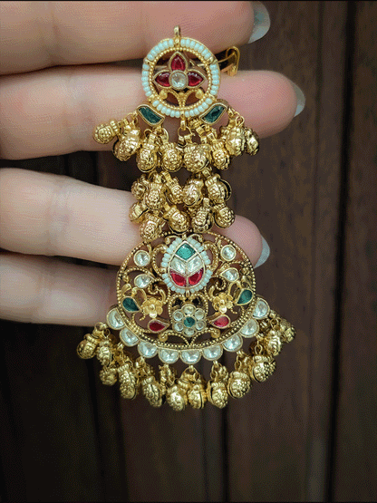 Single finger paachi kundan ghunghru hangings double ring