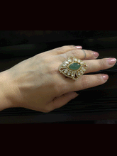 Load image into Gallery viewer, Leaf shaped stone kundan and AD openable gold finish ring
