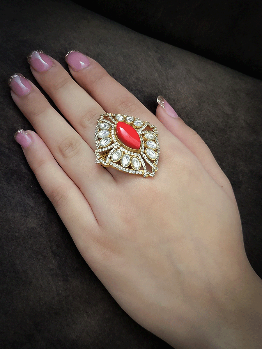 Leaf shaped stone kundan and AD openable gold finish ring