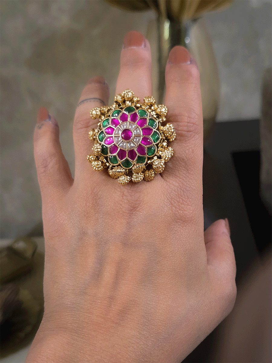 Green and pink paachi kundan adjustable ring with flower engraved ghunghru hangings