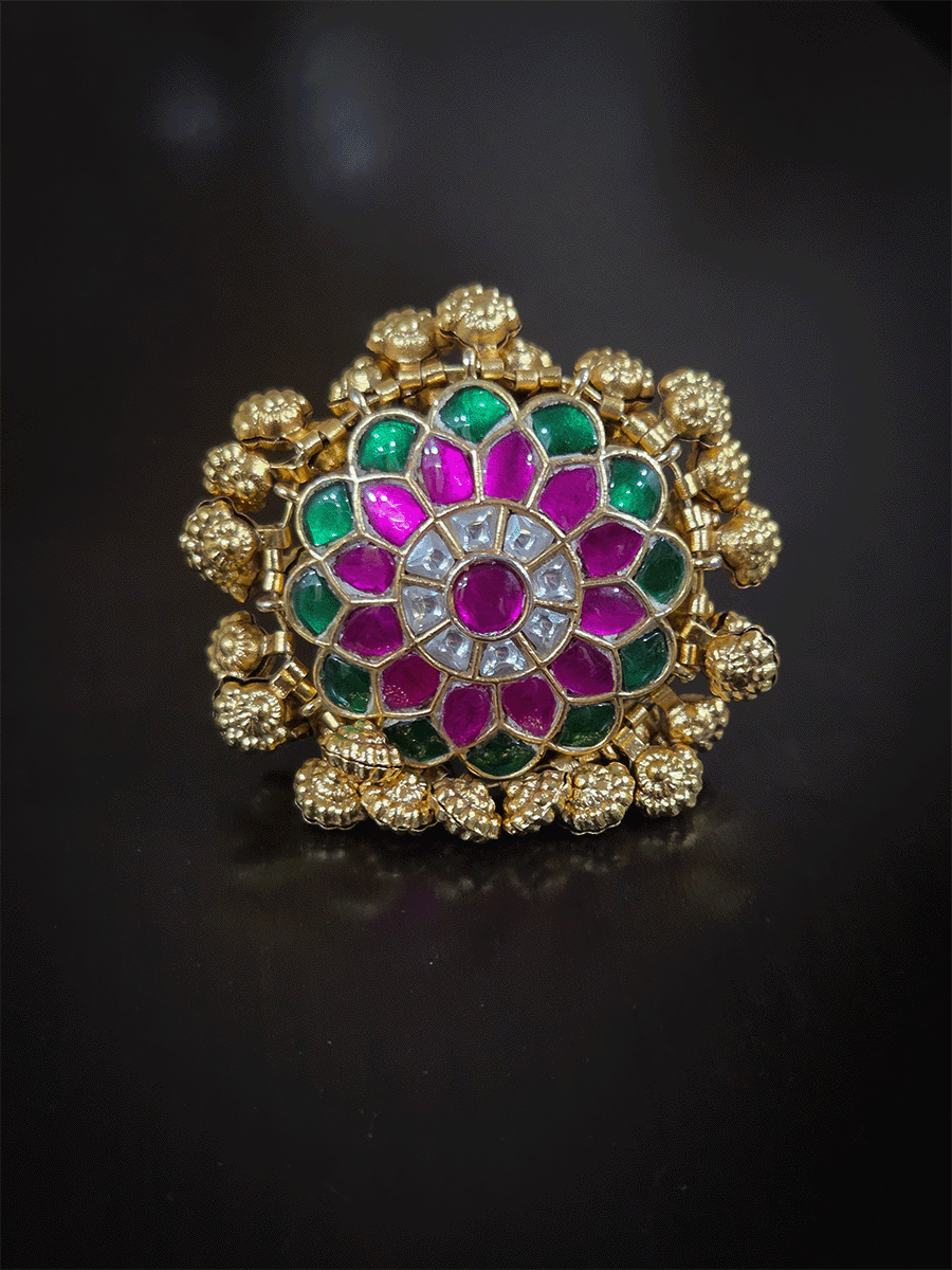 Green and pink paachi kundan adjustable ring with flower engraved ghunghru hangings