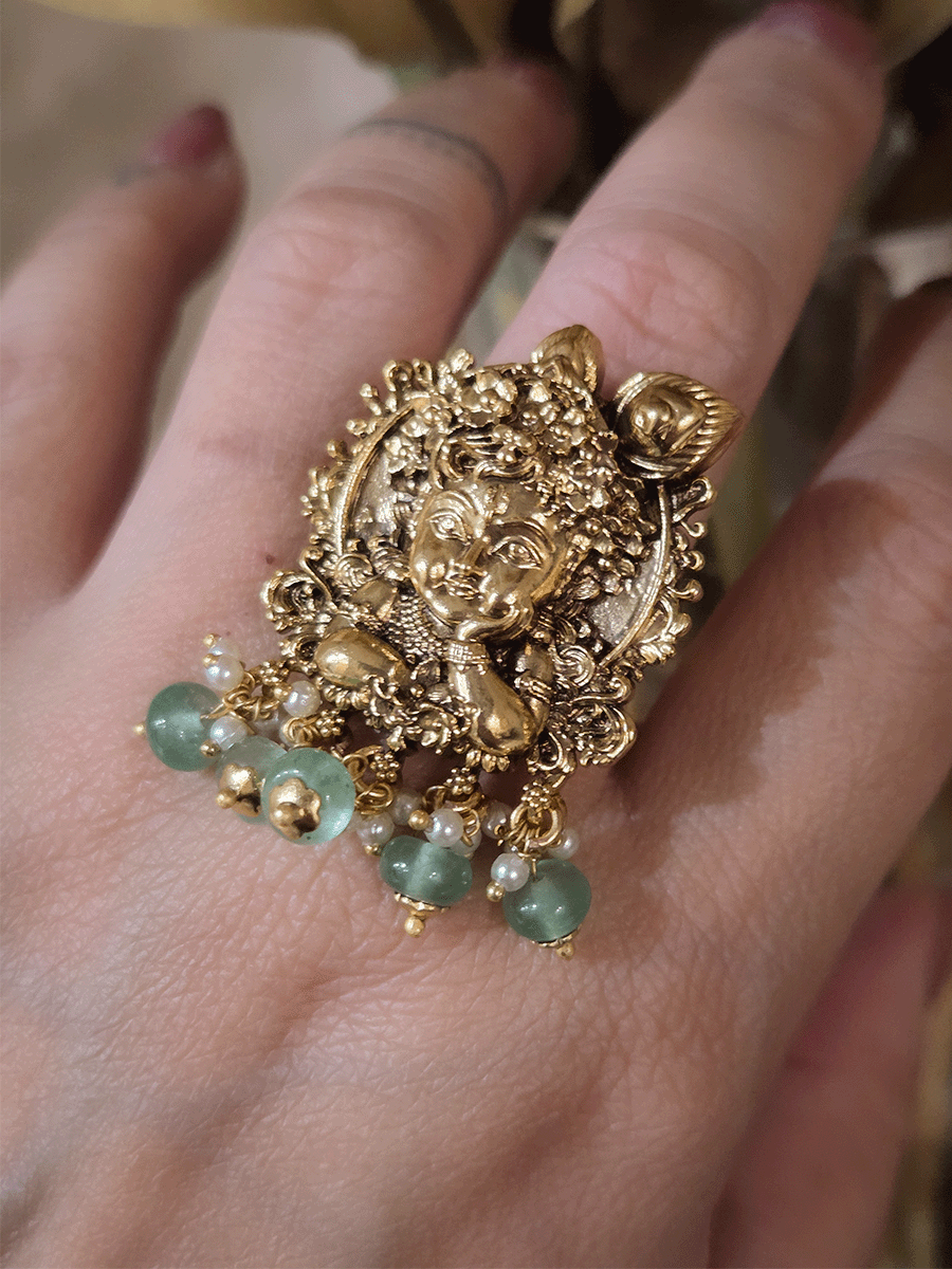 Bead hangings baby Krishna hand on face adjustable ring