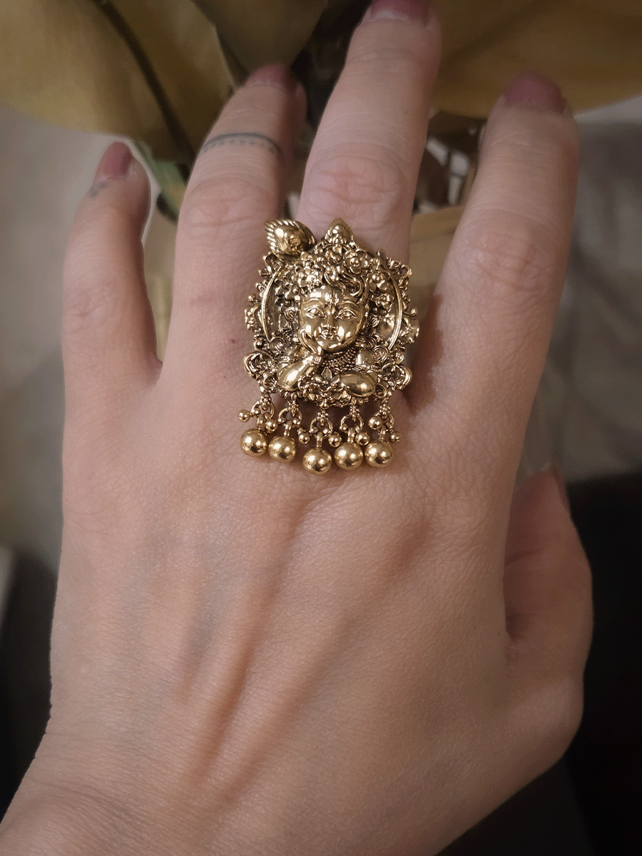 Bead hangings baby Krishna hand on face adjustable ring