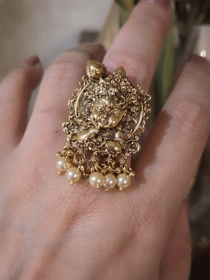 Bead hangings baby Krishna hand on face adjustable ring