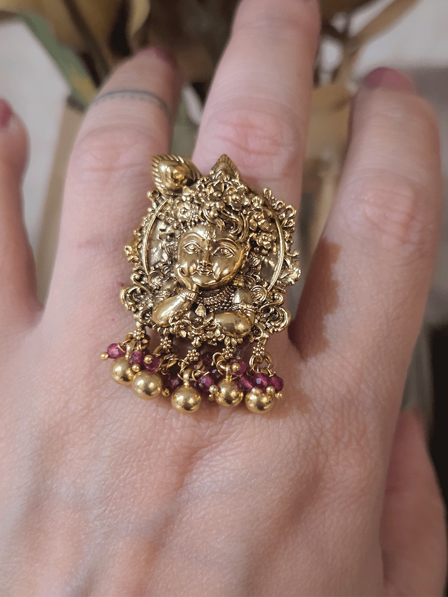 Bead hangings baby Krishna hand on face adjustable ring